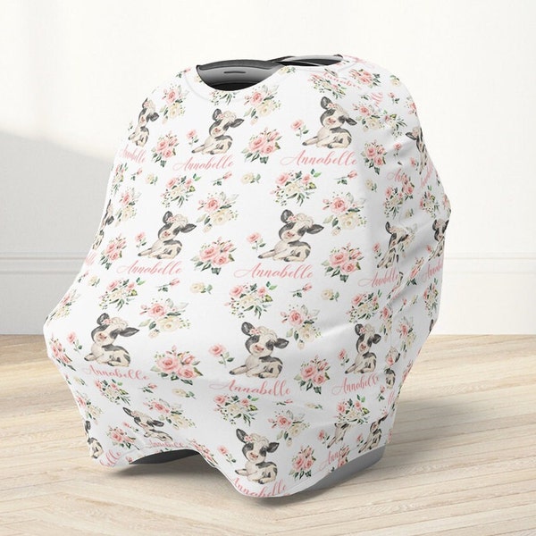 Floral Cow Carseat Canopy- Personalized Baby Girl Floral Car Seat Cover- Stretchy Cover, Nursing Cover, Farm Girl Baby Shower Gift CC315