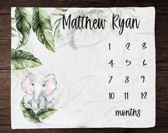 Elephant Milestone Blanket Boy -Personalized Baby Boy Blanket with Elephant Safari Baby Bedding -Elephant Baby Shower Gift -Jungle Leaves