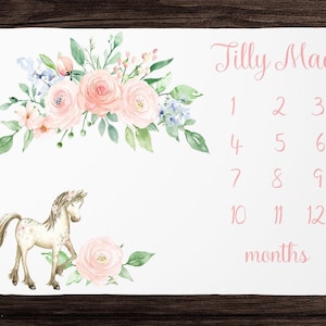 Pony Milestone Blanket Girl- Floral Monthly Growth Blanket-Personalized Baby Girl Blanket with Horse -Baby Shower Gift - Farm Milestone