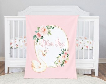 Personalized Baby Girl Blanket with Swan - Blush Floral Blanket Girl -Swan Baby Bedding  -Baby Girl Shower Gift -Swan Princess -Crib Blanket