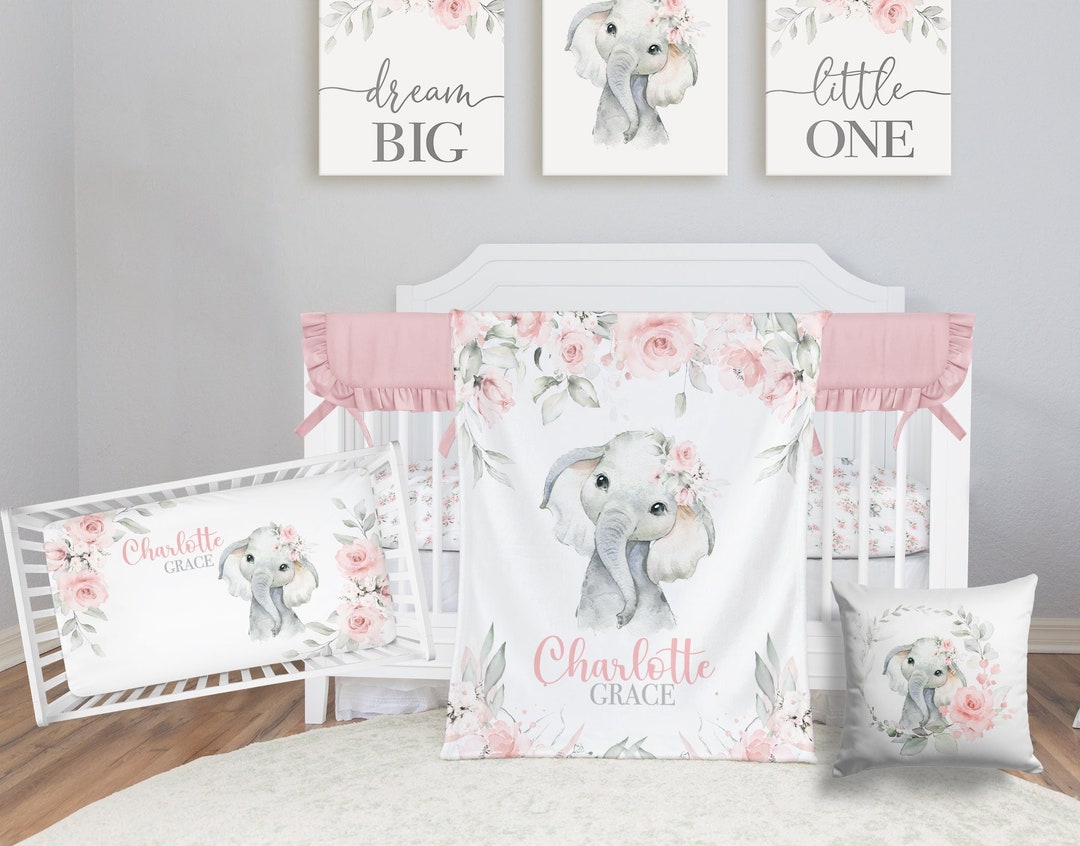 Blush Floral Elephant Crib Bedding Set, Personalized Baby Girl Blanket