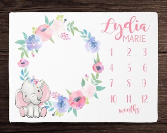 Elephant Milestone Blanket Girl- Floral Monthly Growth Blanket-Personalized Baby Girl Blanket with Elephant -Baby Shower Gift -Custom Baby