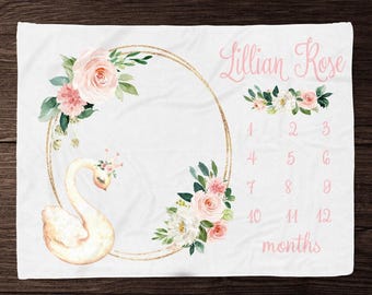 Swan Milestone Blanket Girl - Milestone Blanket- Personalized Baby Girl Blanket with Swan-  Custom Baby Shower Gift - Track Baby Growth