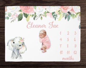 Manta de hitos con elefante floral para niña, manta de crecimiento mensual - Manta personalizada para bebé niña con elefante, regalo para baby shower, habitación infantil con elefante