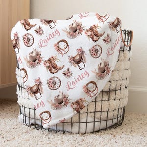 Western Girl Blanket, Personalized Cowgirl Name Blanket,  Floral Cowboy hat, Cowboy Boots Blanket, Cowgirl Toddler girl Birthday gift s561