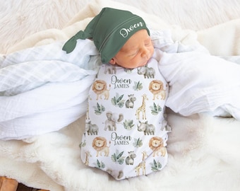 Safari Swaddle Blanket -Personalized Baby Boy Safari swaddle Blanket hat set- Jungle Animal baby Blanket-  Elephant Coming Home Outfit s375