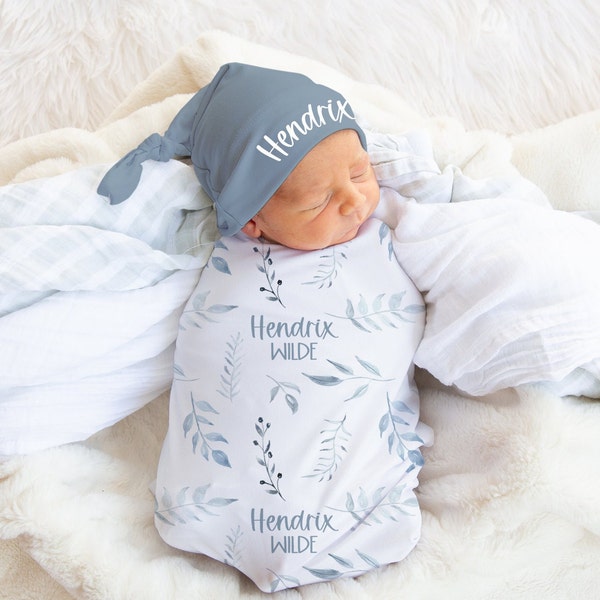 Baby Boy Swaddle Set with Name- Blanket Beanie Hat - Personalized Baby Boy Blanket -Newborn Hospital Photo -Leaves Blanket- Baby Shower Gift