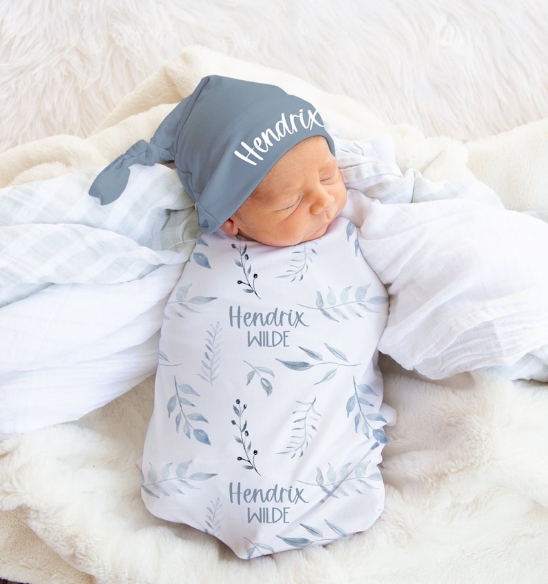 Baby Boy Swaddle Set With Name Blanket Beanie Hat Etsy