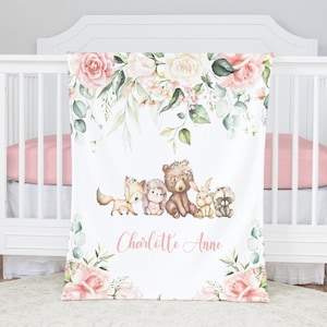 Personalized Baby Girl Blanket -Woodland Baby Blanket Girl -Floral Woodland-Baby Shower Gift -Baby Name Blanket-Fox Bear Hedgehog Baby Gift