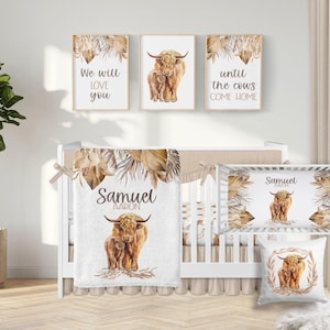Highland Cow Crib Bedding Set, Personalized Boho Nursery, Farm Animal Baby Bedding Set, Baby Boy Crib Bedding Set Highland Cow Nursery CS311