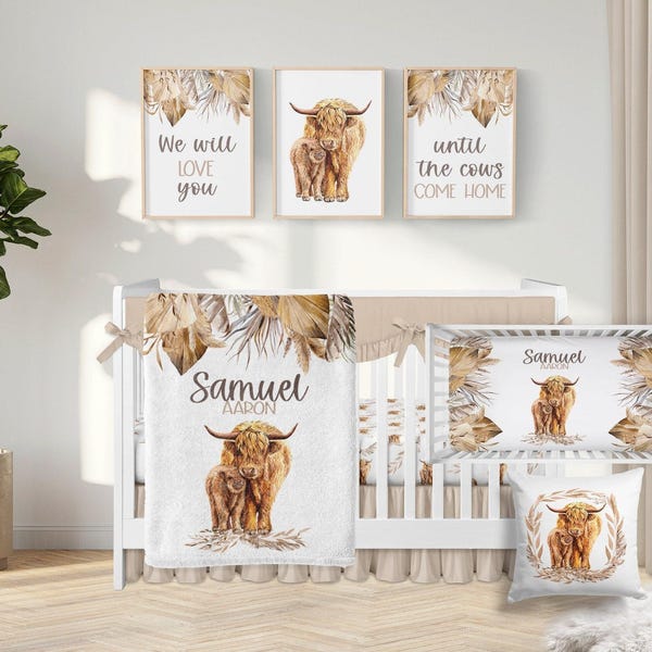 Highland Cow Crib Bedding Set, Personalized Boho Nursery, Farm Animal Baby Bedding Set, Baby Boy Crib Bedding Set Highland Cow Nursery CS311