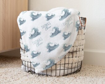 Personalized Ocean Blanket - Personalized Ocean Waves Blanket - Baby Gift for Beach lover -  Seaside  Nursery Bedding- Nautical s376