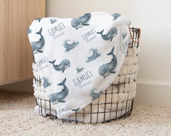 Personalized Whale Baby Blanket - Cute Ocean themed Name Blanket - Under the sea- Toddler Boy Blanket - Ocean Waves Baby Shower Gift- s370