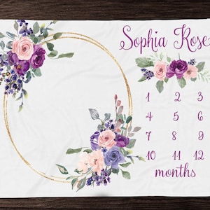 Purple Floral Milestone Blanket Girl - Month Blanket-Personalized Baby Girl Blanket with Name-  Custom Baby Shower Gift - Track Baby Growth