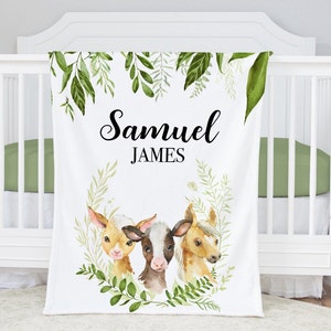 Personalized Baby Boy Blanket -Cow Baby Blanket Boy -Farm Animals Bedding -Cow Baby Shower Gift -Baby Name Blanket- Farm Nursery Bedding