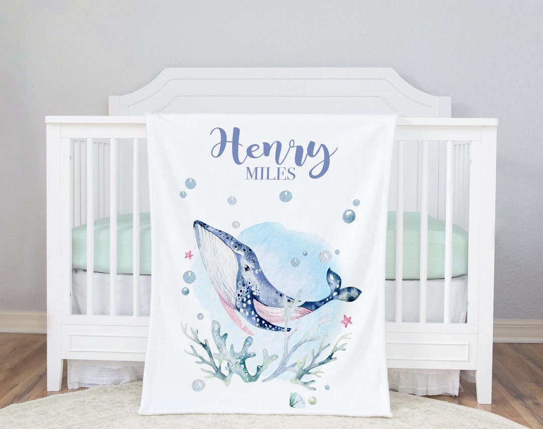 Personalized Baby Boy Blanket With Humpback Whale under the Sea Baby