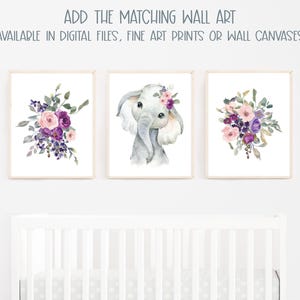 Elephant Baby Bedding Set, Purple Crib Bedding Set, Plum Floral Elephant Bedding, Personalized Crib Bedding Girl Floral Elephant Nursery image 7