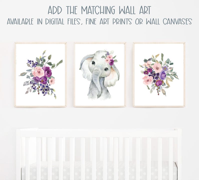 Elephant Baby Bedding Set, Purple Crib Bedding Set, Plum Floral Elephant Bedding, Personalized Crib Bedding Girl Floral Elephant Nursery image 7