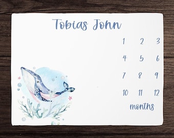 Whale Milestone Blanket Boy Monthly Growth Blanket-Personalized Baby Boy Blanket with Ocean Animals- Baby Shower Gift Under The Sea Nursery