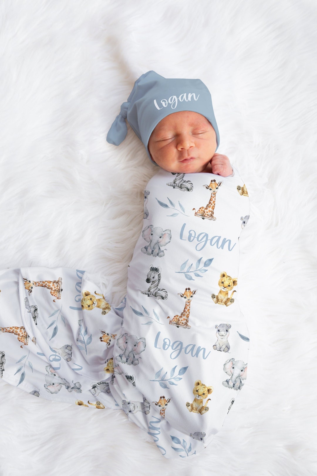 Baby Boy Swaddle Set With Name Blanket Beanie Hat Personalized Baby Boy