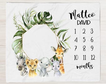 Safari Animal Milestone Blanket -Personalized Baby Boy Blanket with Elephant Lion Giraffe -Safari Nursery -Shower Gift Month Blanket M343