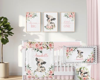 Floral Cow Crib Bedding Set, Personalized Baby Girl Blanket, Floral Farm Nursery Set, Baby Girl Cow Bedding Set, Dairy Cow Nursery Decor 315