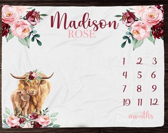 Floral Highland Cow Milestone Blanket -Burgundy Blush Month Blanket- Personalized Baby Girl Milestone Blanket -Farmgirl Baby Shower Gift 327