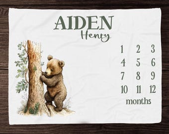 Babybeer mijlpaaldeken jongen maand deken Woodland babydeken-gepersonaliseerde babydeken met bosdier kraamcadeau 331