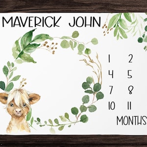 Highland Cow Milestone Blanket Boy -Watch Me Grow-Personalized Baby Boy Blanket with Baby Calf - Farm Baby Blanket - Custom Baby Shower Gift