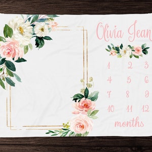 Blush Floral Milestone Blanket Girl - Month Blanket-Personalized Baby Girl Blanket with Name-  Custom Baby Shower Gift - Track Baby Growth