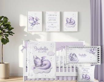 Baby Girl Dragon Crib Bedding Set, Personalized Baby Girl Blanket, Purple Sleeping Dragon Nursery Set, Custom Baby Girl Nursery Set -359