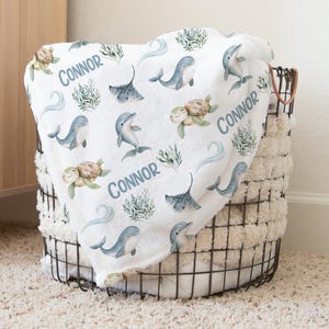 Ocean Baby Blanket, Under the Sea Personalized Baby Blanket, Personalized Baby Boy Blanket, Baby Shower Gift, Dinosaur Toddler Gift  s367