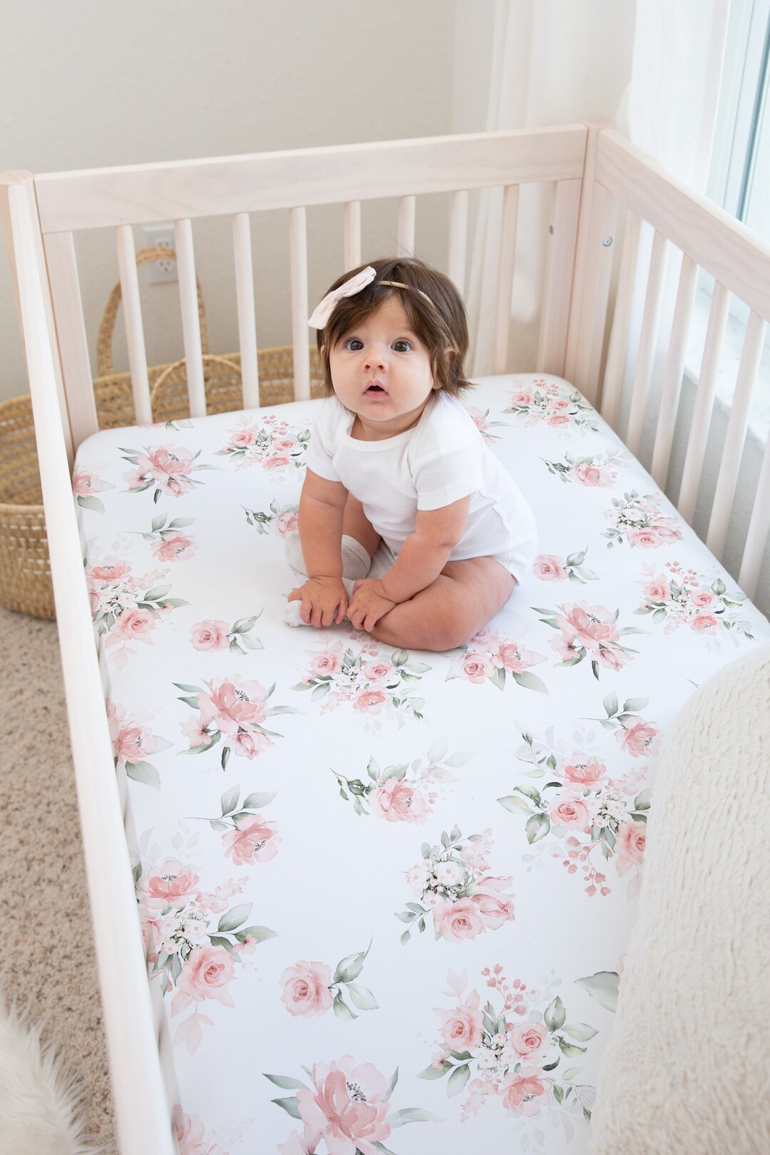 Personalized Blush Floral Crib Sheet for Baby Girl Nursery Watercolor