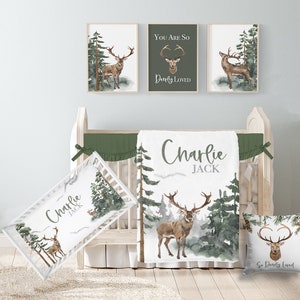 Woodland Crib Bedding Set, Baby Boy Crib Bedding, Deer Crib Bedding, Buck Hunting Forest Crib Bedding, Woodland Nursery, Deer Crib Set CS303