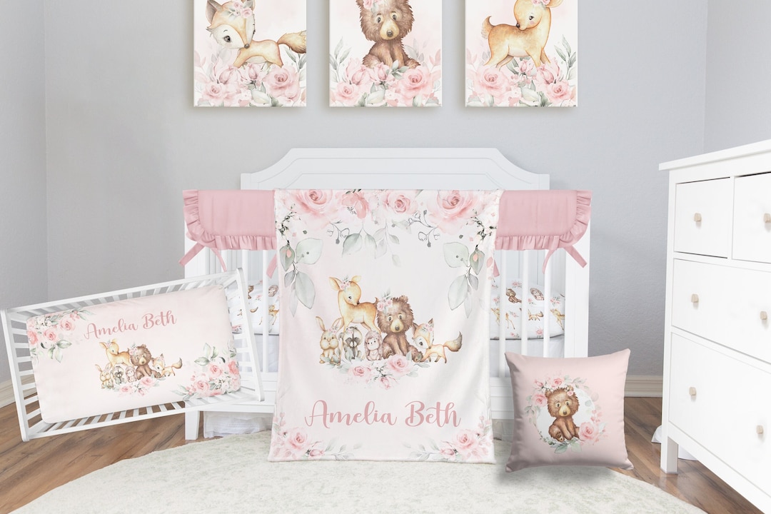 Floral Woodland Crib Bedding Set, Personalized Woodland Animals Nursery