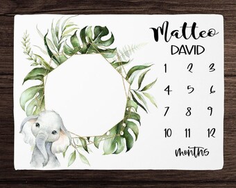 Elephant Milestone Blanket Boy -Personalized Baby Boy Blanket with Elephant Safari Baby Bedding -Elephant Baby Shower Gift -Jungle Leaves