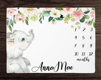 Manta de hitos de elefante para niña - Manta de crecimiento mensual floral - Manta personalizada para bebé niña con elefante - Regalo para baby shower - Regalo personalizado para bebé