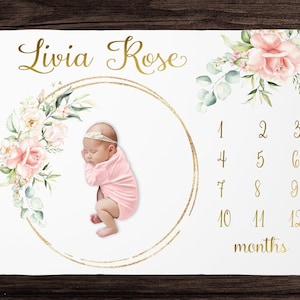 Manta de hitos con diseño floral ruborizado para niña, manta de crecimiento mensual, manta personalizada para niña, regalo personalizado para baby shower, regalo de recuerdo para bebé