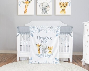 Spersonalizowany kocyk dla chłopca - kocyk dla chłopca ze słoniem - kocyk ze zwierzętami safari - prezent na baby shower - kocyk z imieniem dziecka - pościel dla niemowląt safari