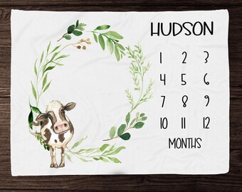Cow Boy Milestone Blanket Boy Growth Blanket-Personalized Baby Boy Blanket with Farm Animals- Baby Boy Shower Gift - Farm Boy Baby Blanket