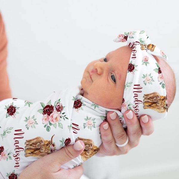 Baby Girl Highland Cow Swaddle Set -Burgundy Blush Floral Blanket Headband Hat Set- Personalized Baby Girl Blanket -Baby Name Reveal -327