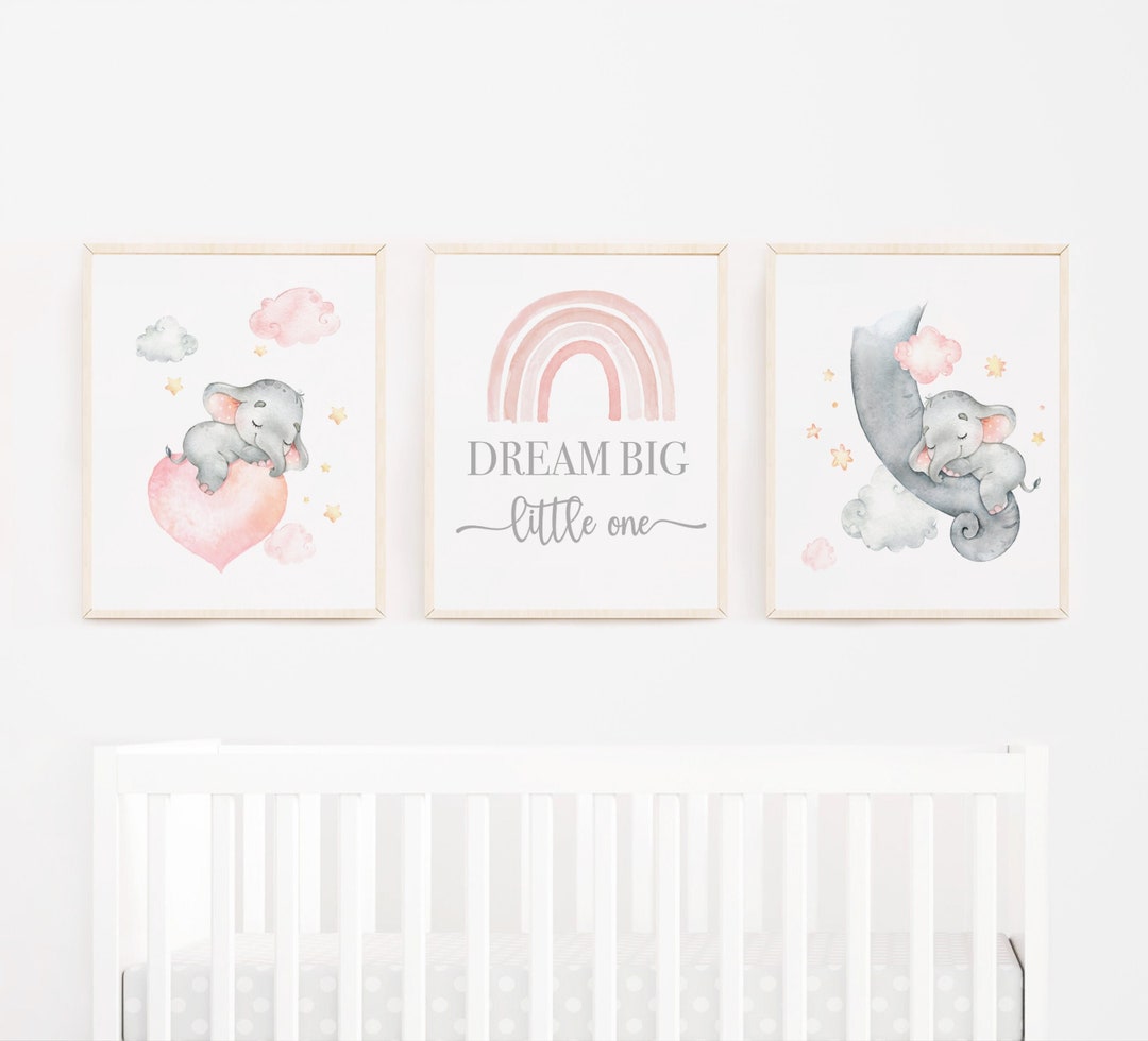 Baby Girl Elephant Wall Art Elephant Nursery Wall Art Floral Elephant