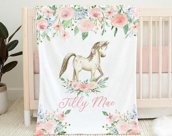 Personalized Horse Baby Blanket, Floral Pony Baby Blanket, Horse Nursery Decor, Custom Name Blanket, Baby Shower Gift