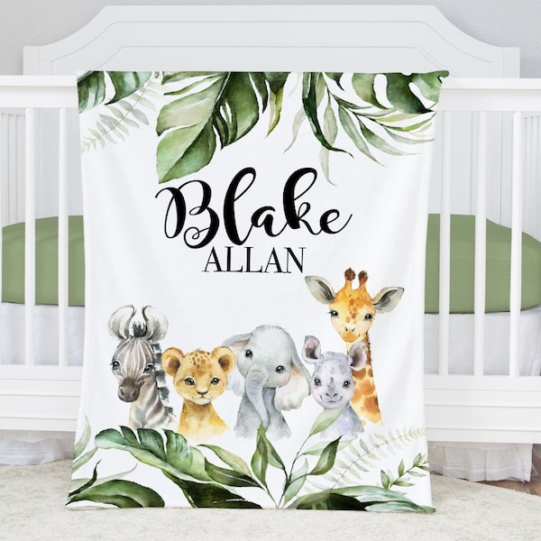 Couverture personnalisée pour bébé garçon Couverture pour bébé à monogramme - Animaux de la jungle - Cadeau de naissance - Prénom de bébé-Animaux de safari parure de lit pour bébé