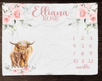 Baby Girl Highland Cow Milestone Blanket -Blush Floral Month Blanket- Personalized Baby Girl Blanket -Blush Floral Farm Baby Shower Gift