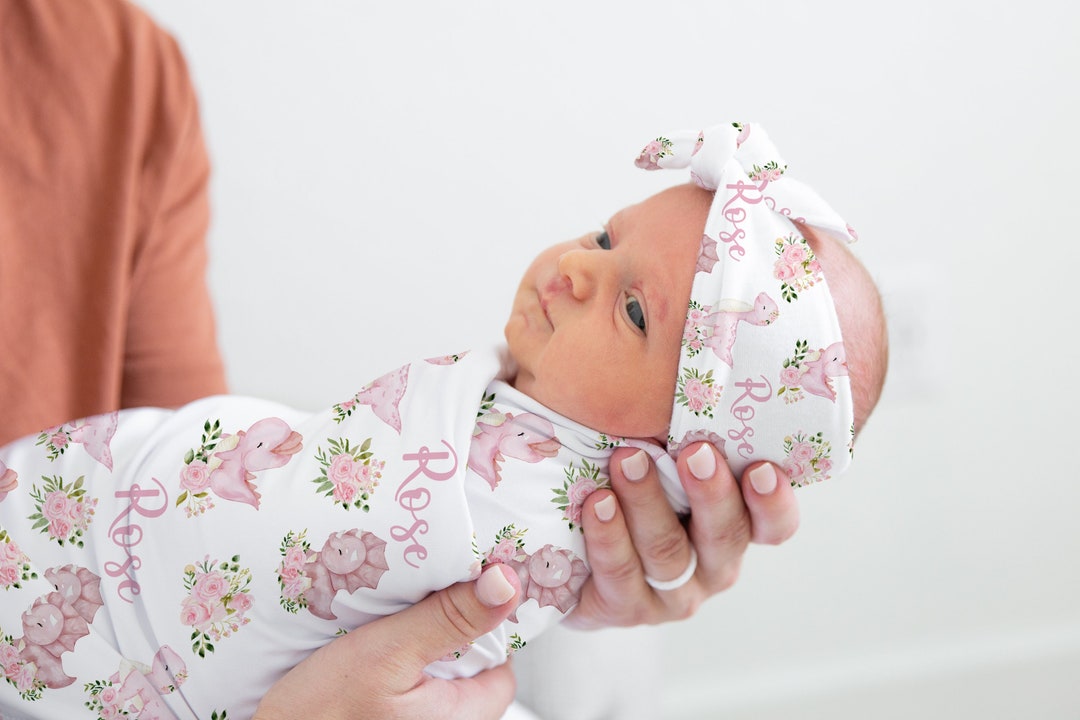 Baby Girl Swaddle Set With Dinosaurs floral Blanket Headband Set