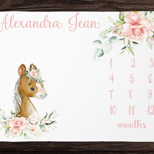 Horse Milestone Blanket Girl- Floral Monthly Growth Blanket-Personalized Baby Girl Blanket with Horse -Baby Shower Gift - Farm Milestone