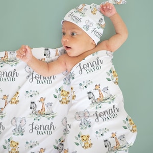 Safari Animal Swaddle Set - Personalized Swaddle Blanket with Knotted Beanie - Jungle Animals- Elephant Baby Gift- Coming Home Outfit s344