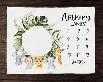 Safari Animal Milestone Blanket Boy Monthly Photos Blanket-Personalized Baby Boy Blanket with Watercolor Safari Animals - Baby Shower Gift