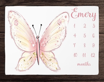 Manta de crecimiento mensual con mariposas para niña - Manta personalizada para bebé niña - Regalo para baby shower - Manta personalizada de mariposas para bebé
